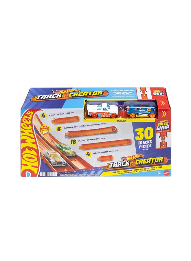 Hot Wheels مجموعة مسار السيارات، مجموعة صانع المسار ديلوكس و 2 مركبات مصبوبة مقاس 1:64، 25 قدم من مسار السرعة المتنوع وموصلات - Image 1