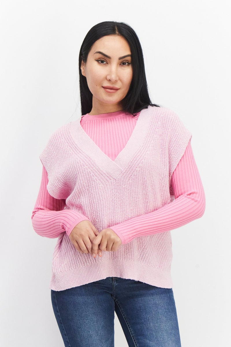 ESPRIT Women V-Neck Knitted Sweater, Pink - Image 1