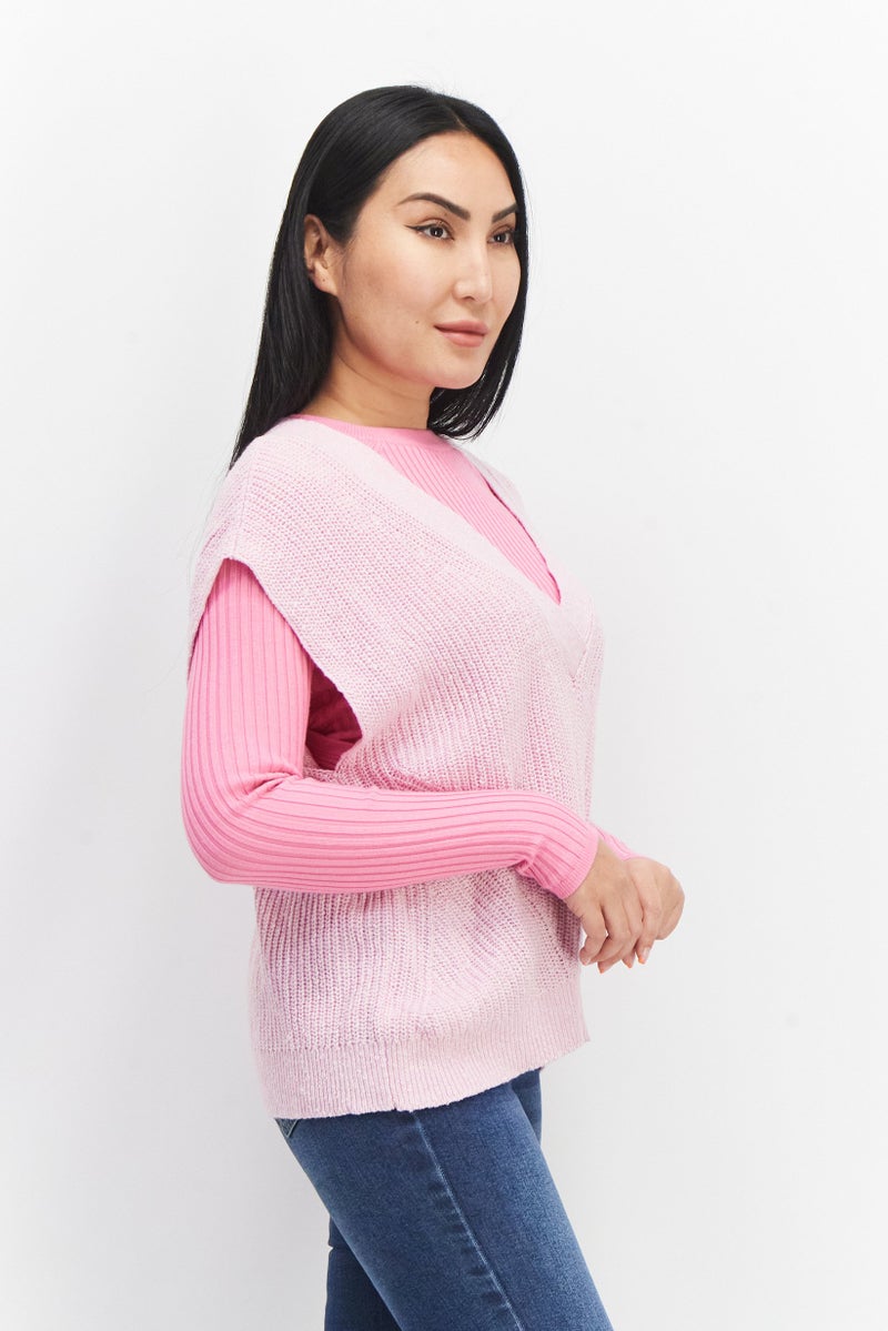 ESPRIT Women V-Neck Knitted Sweater, Pink - Image 4