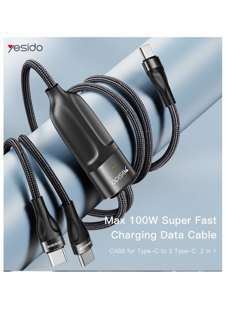 Yesido 100W Flash Series II Two-for-Three USB Type-C Fast Charging Cable – 3-in-1 High-Speed PD Data Cable for Laptop, Smartphone & Tablet – 5A USB-C Charger Cable for MacBook, Samsung, Xiaomi, Huawei, More – Durable & Tangle-Free - Image 2