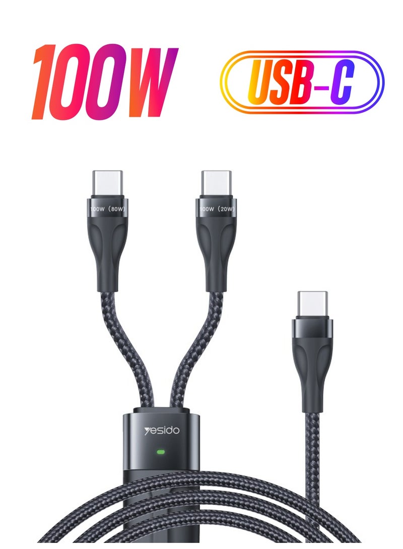 Yesido 100W Flash Series II Two-for-Three USB Type-C Fast Charging Cable – 3-in-1 High-Speed PD Data Cable for Laptop, Smartphone & Tablet – 5A USB-C Charger Cable for MacBook, Samsung, Xiaomi, Huawei, More – Durable & Tangle-Free - Image 1
