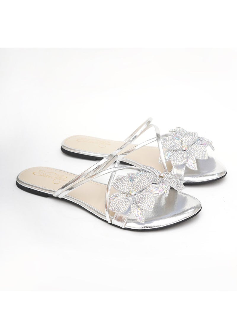 Sole House Sole House Glimmer & Grace: Silver Crystal Floral Flats for Elegant Evenings  - perfect for parties, celebrations & special occasions.  - Image 1