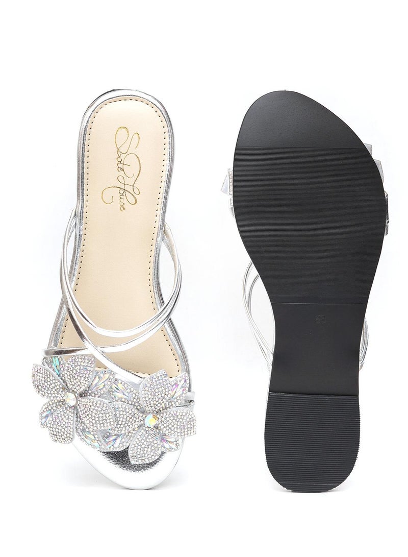 Sole House Sole House Glimmer & Grace: Silver Crystal Floral Flats for Elegant Evenings  - perfect for parties, celebrations & special occasions.  - Image 5