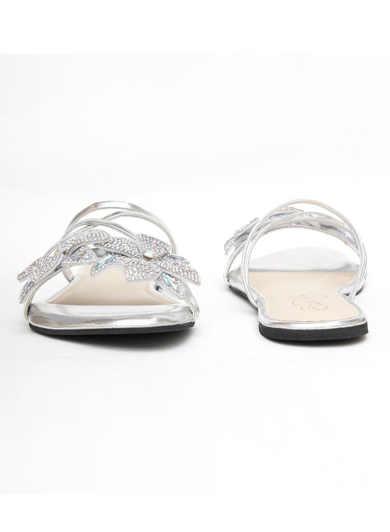 Sole House Sole House Glimmer & Grace: Silver Crystal Floral Flats for Elegant Evenings  - perfect for parties, celebrations & special occasions.  - Image 3