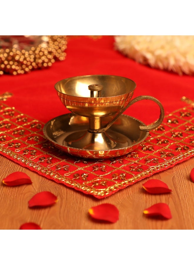 Madhoor Pooja Brass Traditional Diya With Handle 4 Inches - Image 1