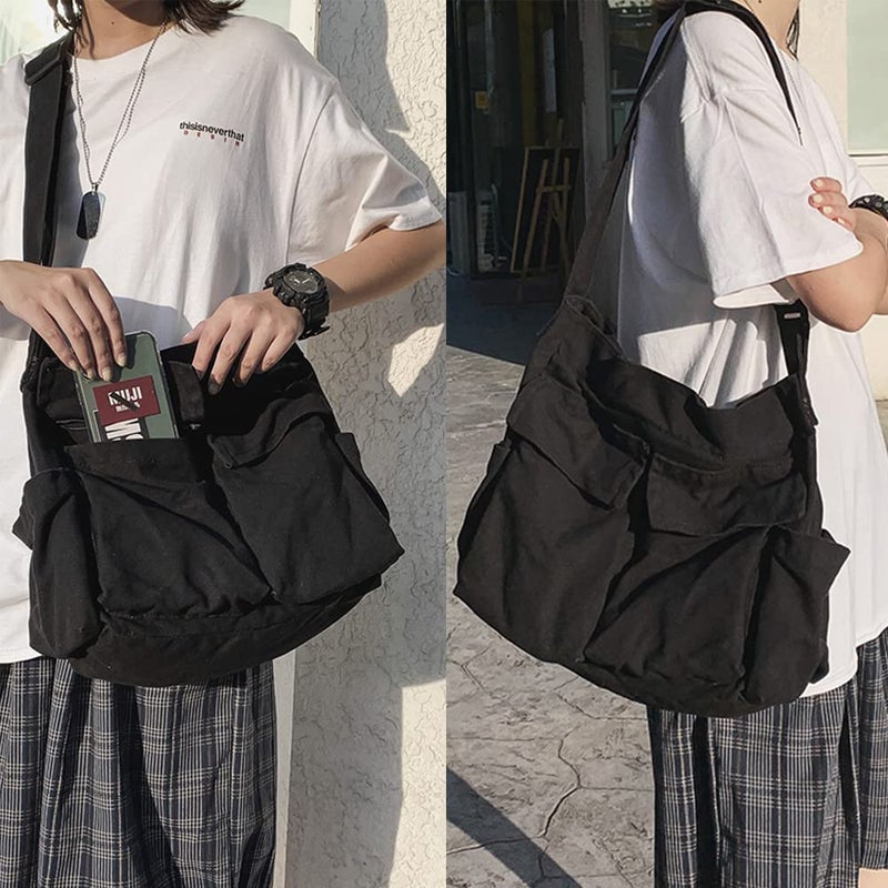 JQWSVE Canvas Shoulder Bag Large Hobo Crossbody Bag with Multiple Pockets Canvas Messenger Tote Bag for Women and Men - Image 2