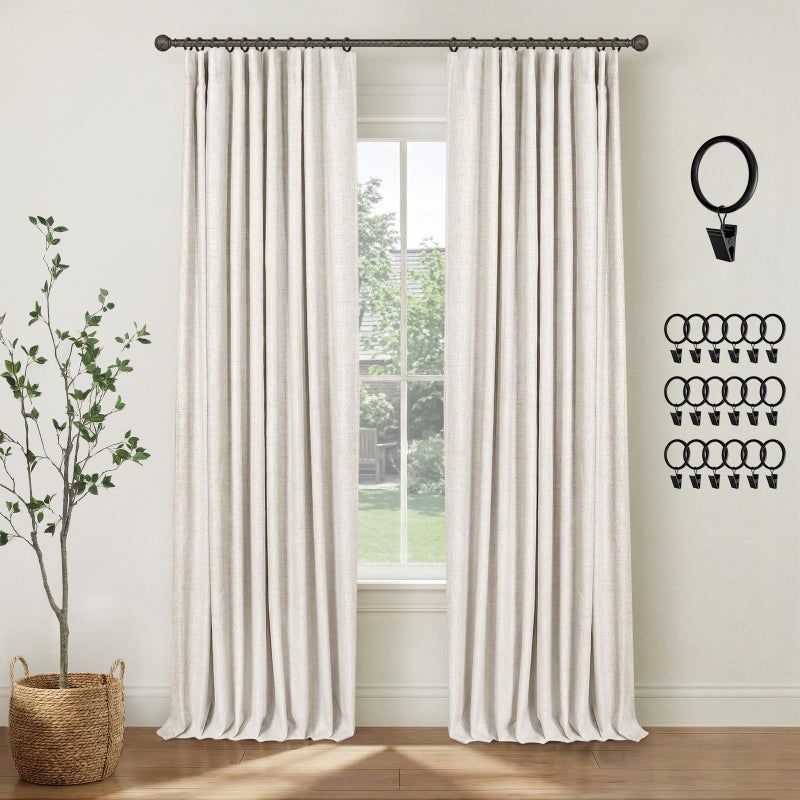 INOVADAY 100% Blackout Curtains for Bedroom, Black Out Curtains 84 Inch Long, Clip Rings Linen Blackout Drapes, Thermal Insulated Room Darkening for Living Room, 2 Panels - Beige,W50xL84 - Image 1