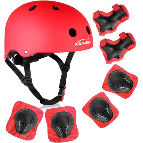 KAMUGO Kids Bike Helmet, Toddler Helmet for Ages 2-8 Boys Girls with Sports Protective Gear Set Knee Elbow Wrist Pads for Skateboard Cycling Scooter Rollerblading (Red) - Image 1