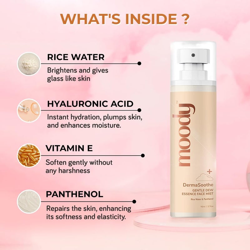 Moody DermaSoothe Brighening Face Mist  Essence Toner with Rice  Ceramides Strenghten Skin Barrier  For Clear Glass Korean Skin Bright  Hydrated Skin  AlcoholFree Toner 100 Vegan  110ml - Image 3