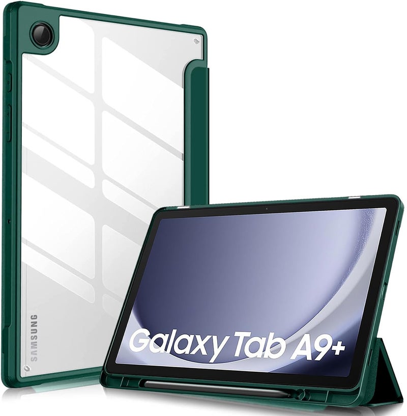 CERLINK Cover for Samsung Galaxy Tab A9 Plus 11 inch Cover Case, Smart Flip Case Cover for Samsung Galaxy Tab A9+ 11 inch with S Pen Holder, Black [Transparent Back]-Green - Image 1