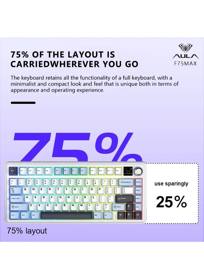 أولا لوحة المفاتيح الميكانيكية للتبديل الساخن، بطارية بقدرة 8000 مللي أمبير/توصيل ثلاثي الأوضاع (2.4G/أسلاك/BT)، حامل الحشية، مفتاح الإضاءة الخلفية RGB، مفاتيح قابلة للبرمجة، مفاتيح ما قبل توصيل الألعاب/المكتب (مفتاح أزرق جليدي + مفتاح حافر) - Image 3