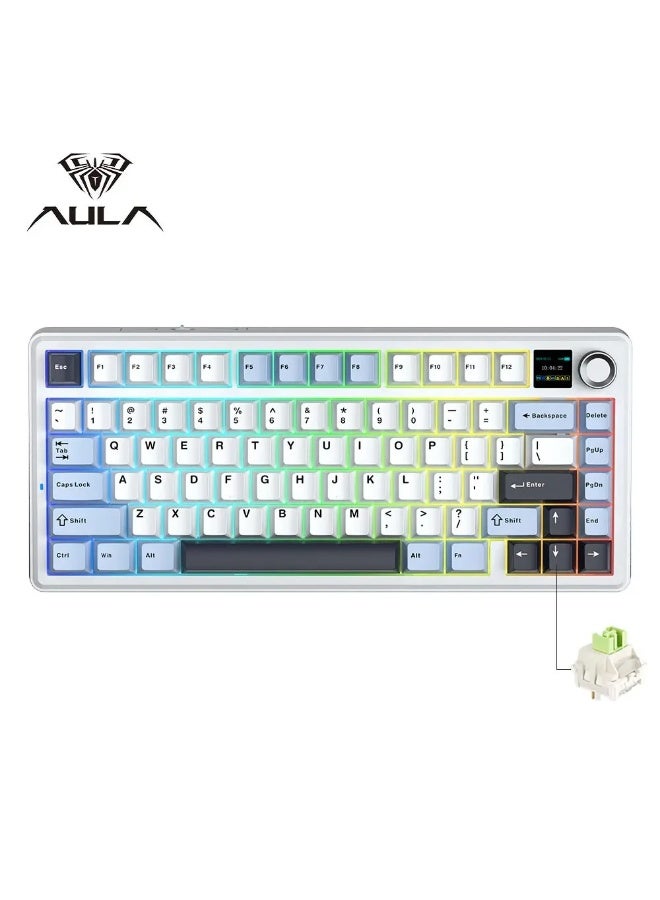 أولا لوحة المفاتيح الميكانيكية للتبديل الساخن، بطارية بقدرة 8000 مللي أمبير/توصيل ثلاثي الأوضاع (2.4G/أسلاك/BT)، حامل الحشية، مفتاح الإضاءة الخلفية RGB، مفاتيح قابلة للبرمجة، مفاتيح ما قبل توصيل الألعاب/المكتب (مفتاح أزرق جليدي + مفتاح حافر) - Image 1