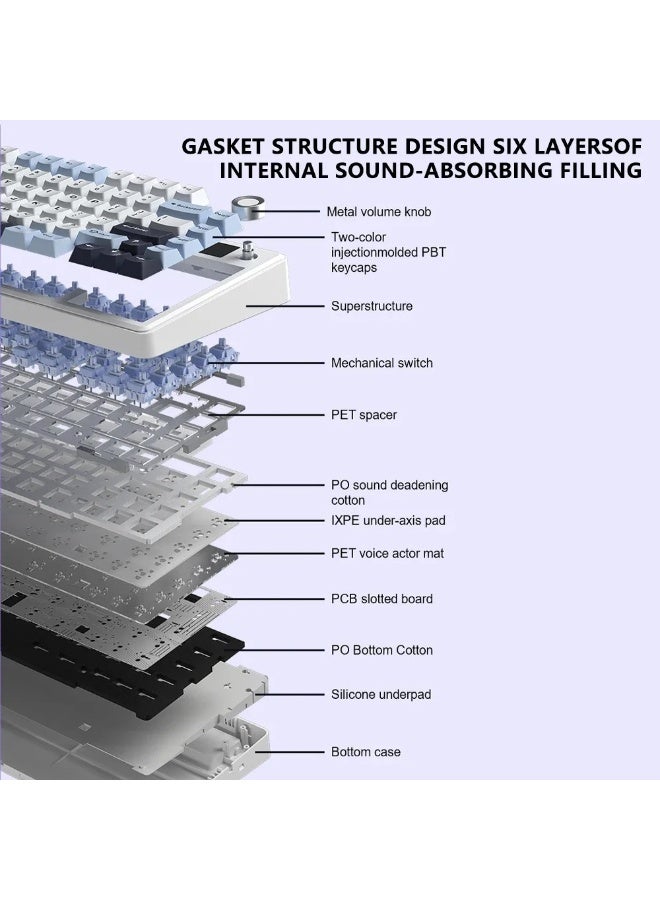 أولا لوحة المفاتيح الميكانيكية للتبديل الساخن، بطارية بقدرة 8000 مللي أمبير/توصيل ثلاثي الأوضاع (2.4G/أسلاك/BT)، حامل الحشية، مفتاح الإضاءة الخلفية RGB، مفاتيح قابلة للبرمجة، مفاتيح ما قبل توصيل الألعاب/المكتب (مفتاح أزرق جليدي + مفتاح حافر) - Image 5