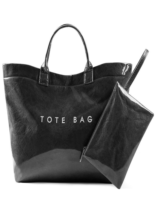 Lushandy PVC Tote Bag for Women Kraft Paper Letters Print Tote Bags Plastic Clear Top Handle Purse Hobo Handbag with Pouch - Image 1