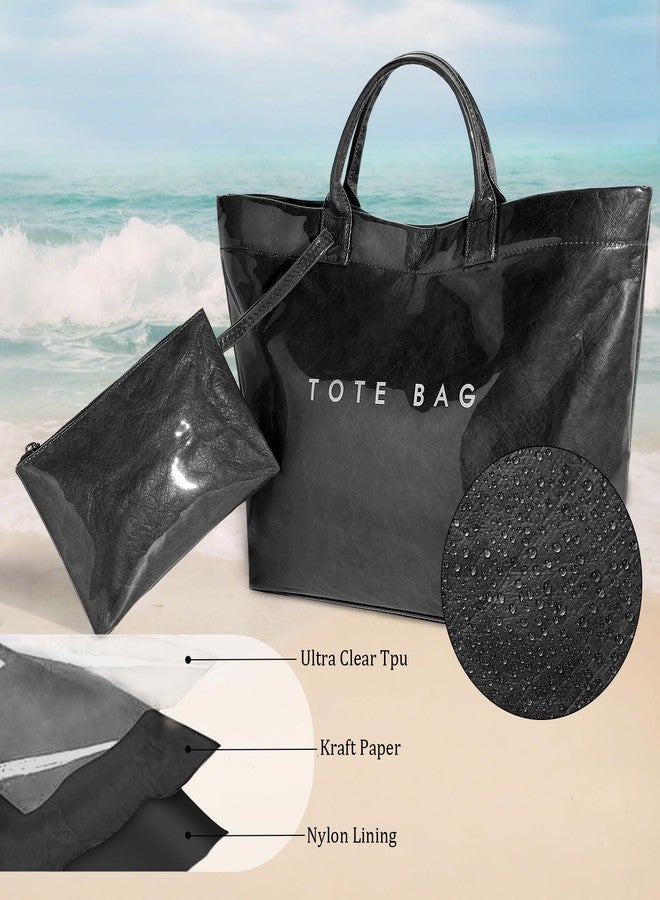 Lushandy PVC Tote Bag for Women Kraft Paper Letters Print Tote Bags Plastic Clear Top Handle Purse Hobo Handbag with Pouch - Image 3