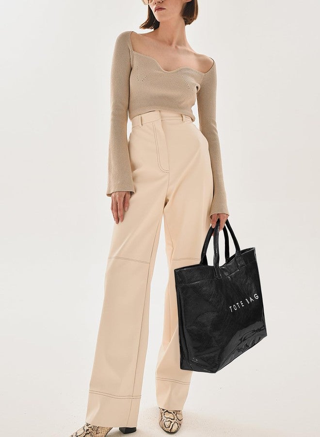 Lushandy PVC Tote Bag for Women Kraft Paper Letters Print Tote Bags Plastic Clear Top Handle Purse Hobo Handbag with Pouch - Image 4