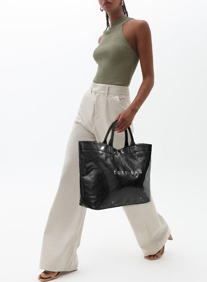 Lushandy PVC Tote Bag for Women Kraft Paper Letters Print Tote Bags Plastic Clear Top Handle Purse Hobo Handbag with Pouch - Image 5