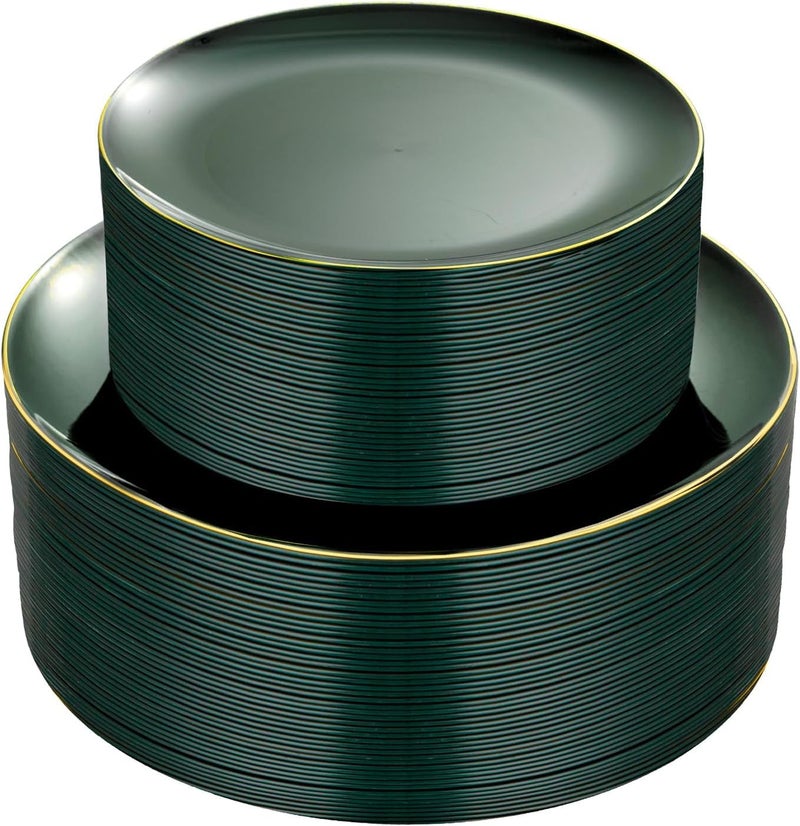 PULOTE 100PCS Green Plastic Plates Green Disposable Plates With Gold Rim Include 50 Pieces Dinner 1025inch50 Pieces Dessert 75inch for PartyChristmas