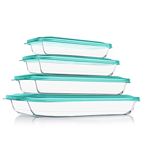 KOMUEE 8 Pieces Glass Baking Dish with Lids Rectangular Glass Baking Pan Bakeware Set with BPA Free Lids Baking Pans for Lasagna Leftovers Cooking Kitchen FridgetoOven Green