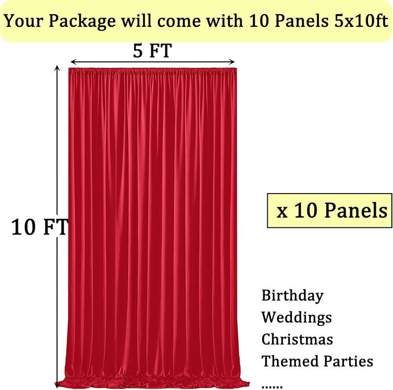 NSSONBEN 50ft x 10ft Wrinkle Free Red Polyester Backdrop Curtains for Multi-purpose Occasions, 10 Panels 5x10ft with 4 inches Rod Pocket - Image 3