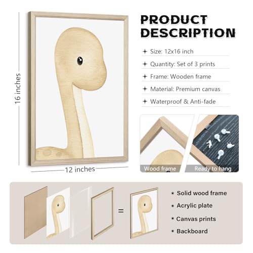Tanmart Dinosaur Wall Art Kids Boys Room Canvas Wall Decor Dino Nursery Wall Art Pictures Baby Dinosaur Poster Prints for Boys Bedroom Bathroom 12x16 Inch Wood Framed Set of 3 - Image 2