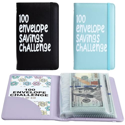 GDLHY 2Pcs 100 Envelopes Money Saving Challenge, Motivational Savings Challenge Binder, Durable Cash Organizer with Inspiring Quotes, Savings Challenges Book to Plan and Save $5,050(Black+blue) - Image 1