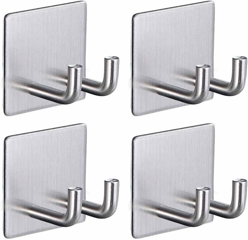 JIALTO 4 pcs Self-Adhesive Waterproof Stainless Steel Hooks: Heavy-Duty Wall Hangers for Bathroom & Kitchen - No Drill Needed, Strong Hold for Coats and Towels (Double Hook Silver) - Image 1