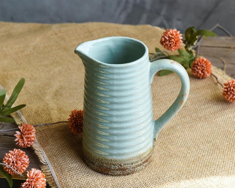 Quoowiit Ceramic Rustic Vase with Handle, Green Distressed Decorative Farmhouse Pitcher Vase for Home Decor Living Room Bedroom Kitchen Office Shelf Decor Centerpiece Table Decoration - Image 3
