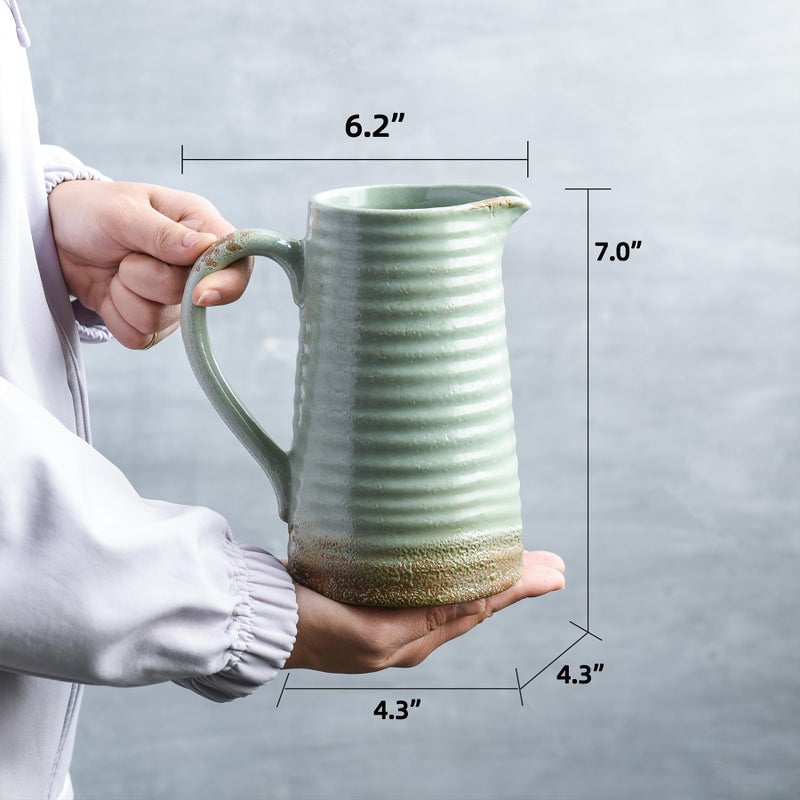 Quoowiit Ceramic Rustic Vase with Handle, Green Distressed Decorative Farmhouse Pitcher Vase for Home Decor Living Room Bedroom Kitchen Office Shelf Decor Centerpiece Table Decoration - Image 5