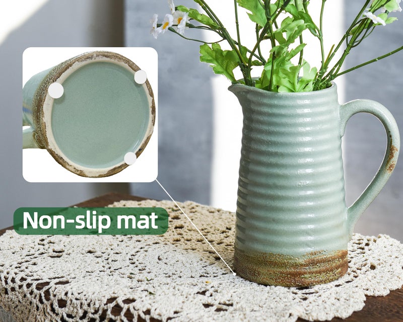 Quoowiit Ceramic Rustic Vase with Handle, Green Distressed Decorative Farmhouse Pitcher Vase for Home Decor Living Room Bedroom Kitchen Office Shelf Decor Centerpiece Table Decoration - Image 4