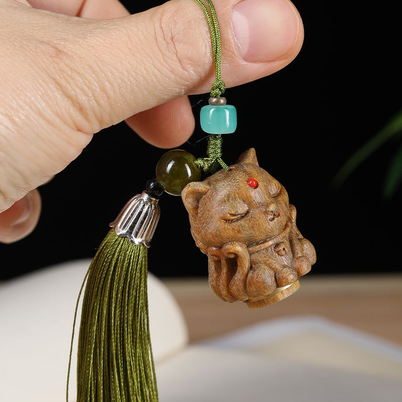 Green Sandalwood Carved Nine-Tailed Fox Pendant – Solid Wood Jewelry for Men and Women - Image 3