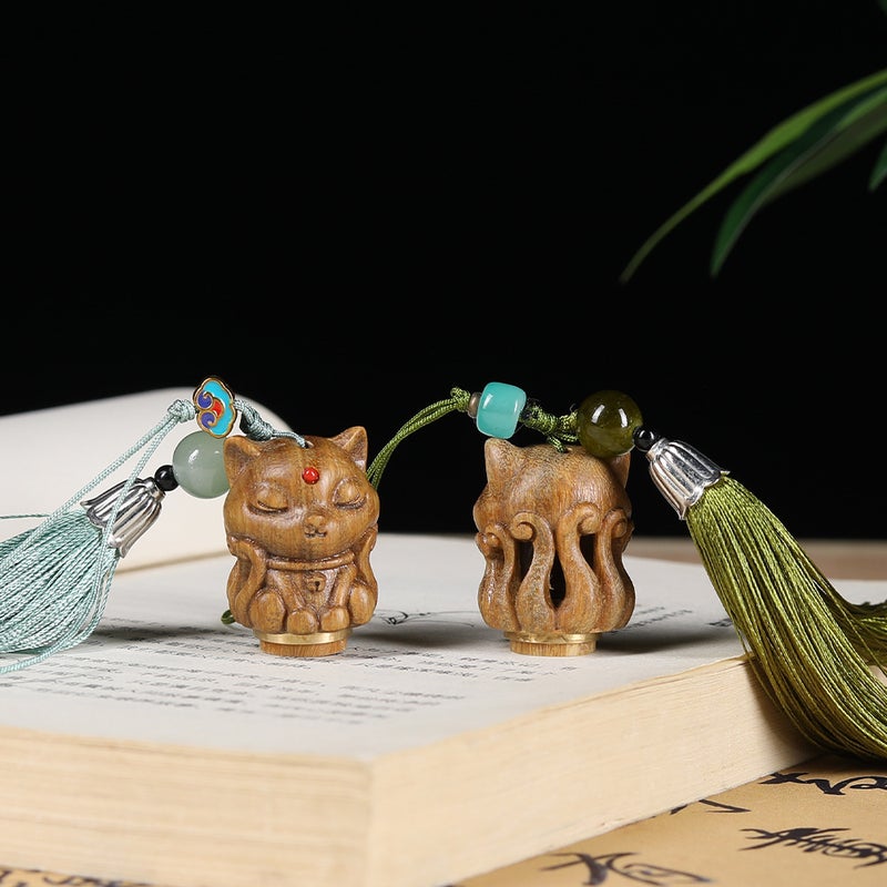 Green Sandalwood Carved Nine-Tailed Fox Pendant – Solid Wood Jewelry for Men and Women - Image 5