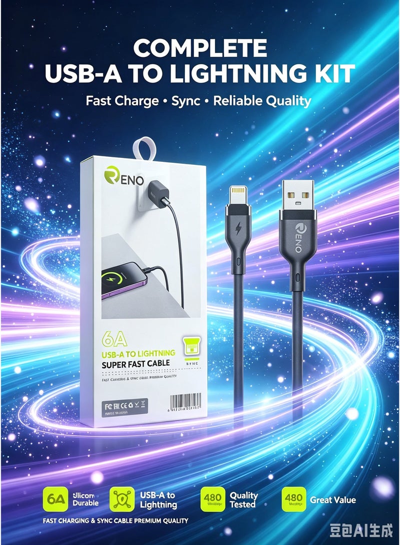 RENO 6A USB-A to Lightning Super Fast Charging & Data Sync Cable (1m) - Black - Image 3