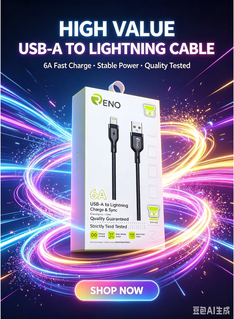 RENO 6A USB-A to Lightning Super Fast Charging & Data Sync Cable (1m) - Black - Image 1