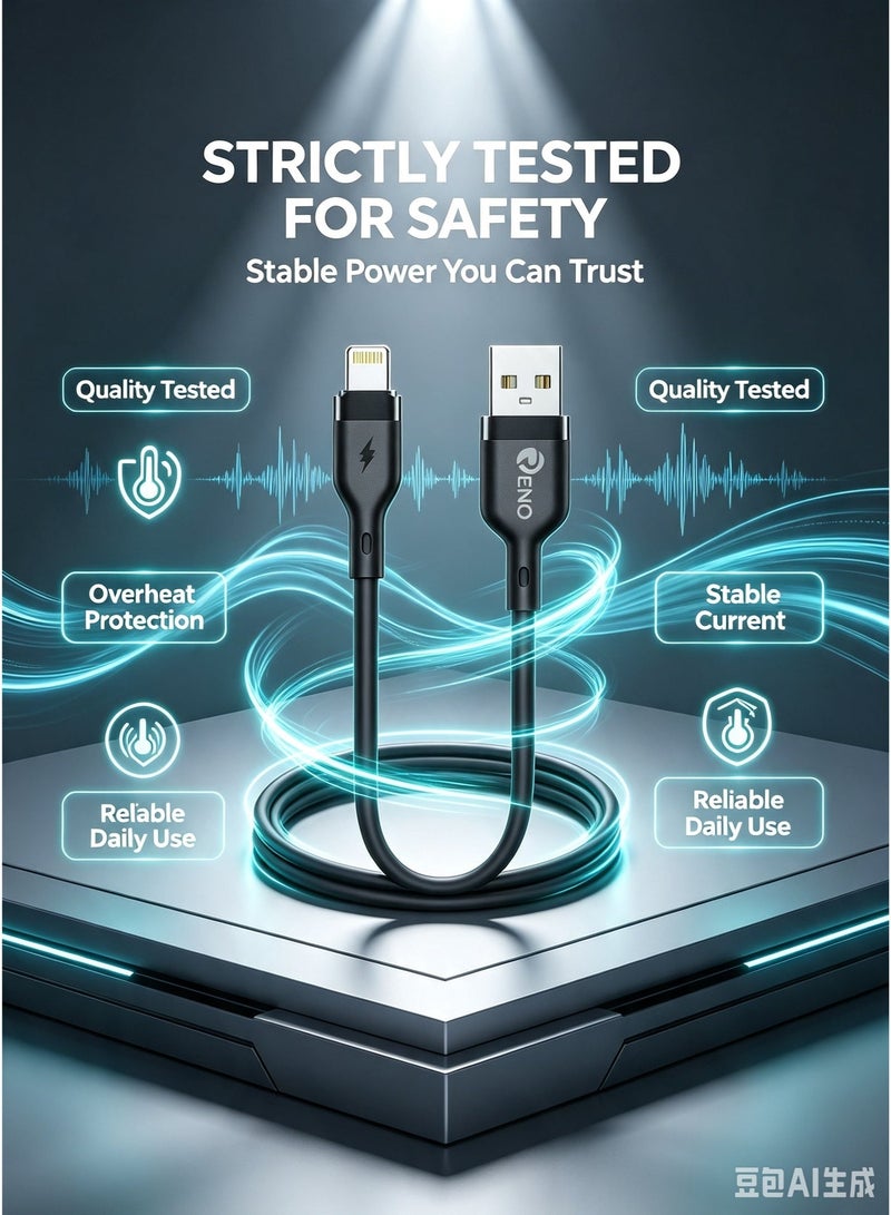 RENO 6A USB-A to Lightning Super Fast Charging & Data Sync Cable (1m) - Black - Image 2