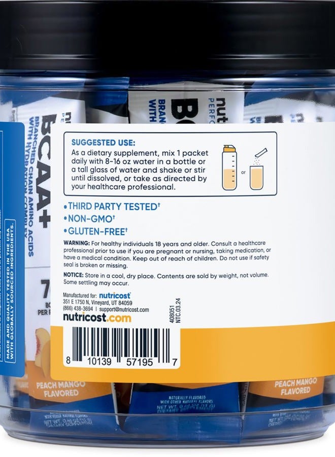 Nutricost BCAA+ Hydration Peach Mango Flavor (20 Stickpacks) - Branched Chain Amino Acids with Hydration Complex - Gluten-Free, Non-GMO - Image 4