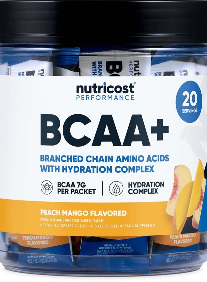 Nutricost BCAA+ Hydration Peach Mango Flavor (20 Stickpacks) - Branched Chain Amino Acids with Hydration Complex - Gluten-Free, Non-GMO - Image 1