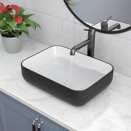 Lepuday Rectangular Vessel Sink 20x15 inch Black Bathroom Vessel Sink Rectangle Above Counter Ceramic Porcelain Black And White Bathroom Vanity Sink Art Basin - Image 1