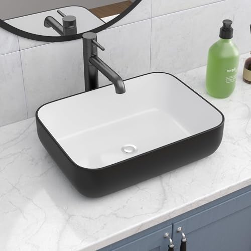 Lepuday Rectangular Vessel Sink 20x15 inch Black Bathroom Vessel Sink Rectangle Above Counter Ceramic Porcelain Black And White Bathroom Vanity Sink Art Basin - Image 2