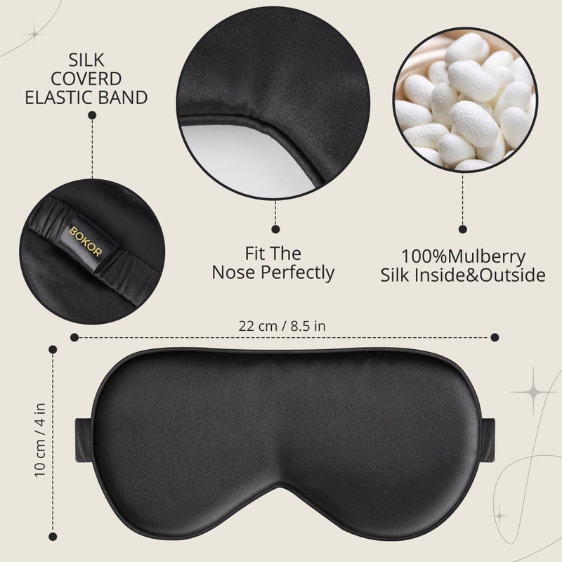 BOKOR Silk Sleep Mask, Eye Mask for Sleep, Mulberry Silk Luxury Eye Cover, Light-Blocking, Skin-Friendly & Lightweight, Reduces Puffy Eyes - with Travel Bag & Gift Package - Black - Image 3