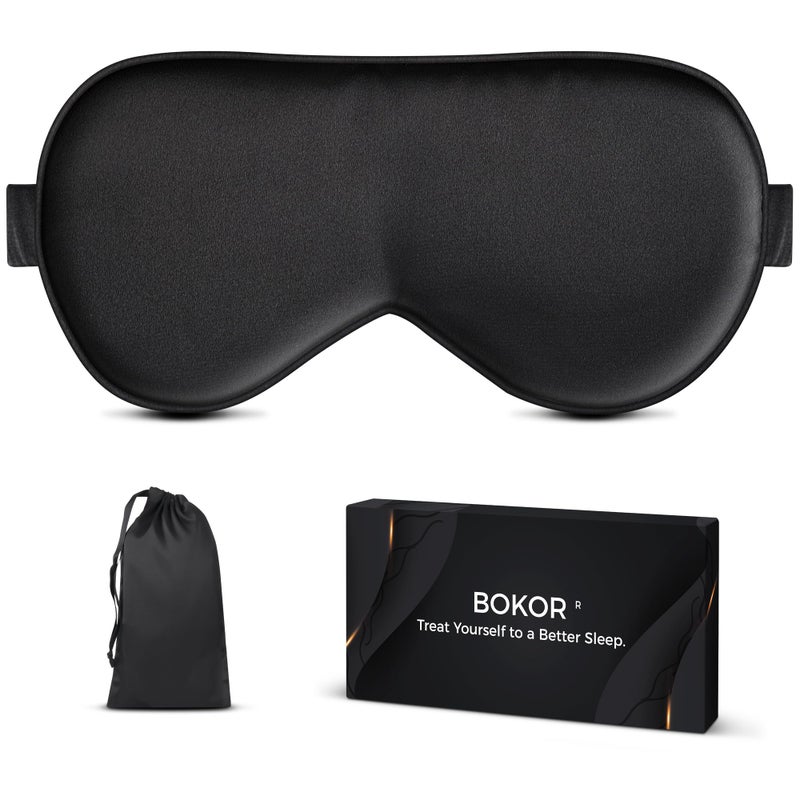BOKOR Silk Sleep Mask, Eye Mask for Sleep, Mulberry Silk Luxury Eye Cover, Light-Blocking, Skin-Friendly & Lightweight, Reduces Puffy Eyes - with Travel Bag & Gift Package - Black - Image 1