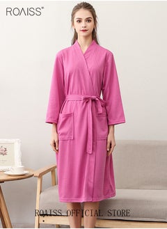 roaiss Women Waffle Kimono Bathrobe Cotton Sleepwear Spa Robe Nightwear Nightgown Women Water Bathrobe Bridesmaid Robes Dressing Gown Autumn Robe Rose Red  - Image 1