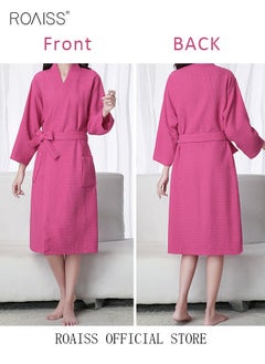 roaiss Women Waffle Kimono Bathrobe Cotton Sleepwear Spa Robe Nightwear Nightgown Women Water Bathrobe Bridesmaid Robes Dressing Gown Autumn Robe Rose Red  - Image 5