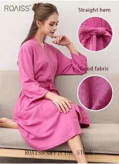 roaiss Women Waffle Kimono Bathrobe Cotton Sleepwear Spa Robe Nightwear Nightgown Women Water Bathrobe Bridesmaid Robes Dressing Gown Autumn Robe Rose Red  - Image 4