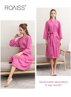 roaiss Women Waffle Kimono Bathrobe Cotton Sleepwear Spa Robe Nightwear Nightgown Women Water Bathrobe Bridesmaid Robes Dressing Gown Autumn Robe Rose Red  - Image 2