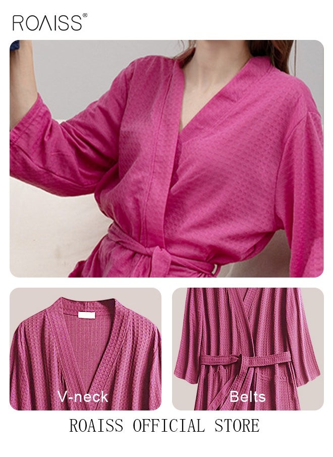 roaiss - Women Waffle Kimono Bathrobe Cotton Sleepwear Spa Robe Nightwear Nightgown Women Water Bathrobe Bridesmaid Robes Dressing Gown Autumn Robe Rose Red - Image 1