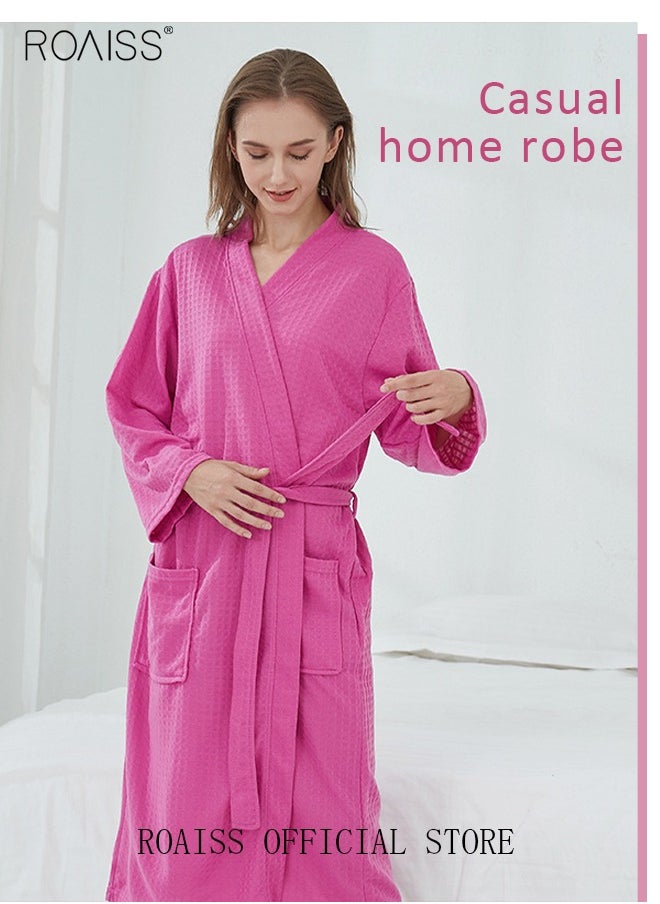 roaiss - Women Waffle Kimono Bathrobe Cotton Sleepwear Spa Robe Nightwear Nightgown Women Water Bathrobe Bridesmaid Robes Dressing Gown Autumn Robe Rose Red - Image 1