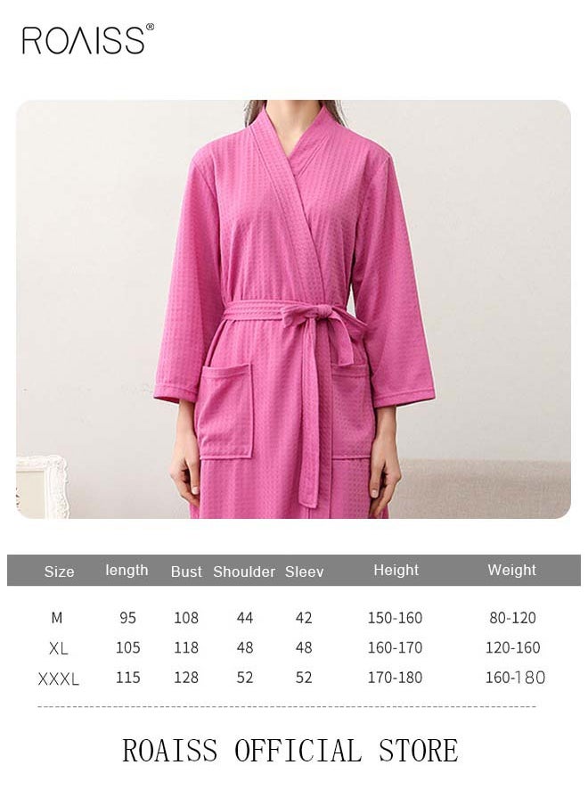 roaiss - Women Waffle Kimono Bathrobe Cotton Sleepwear Spa Robe Nightwear Nightgown Women Water Bathrobe Bridesmaid Robes Dressing Gown Autumn Robe Rose Red - Image 1