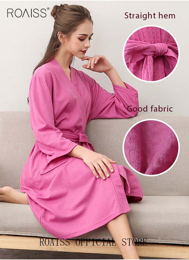 roaiss - Women Waffle Kimono Bathrobe Cotton Sleepwear Spa Robe Nightwear Nightgown Women Water Bathrobe Bridesmaid Robes Dressing Gown Autumn Robe Rose Red - Image 1