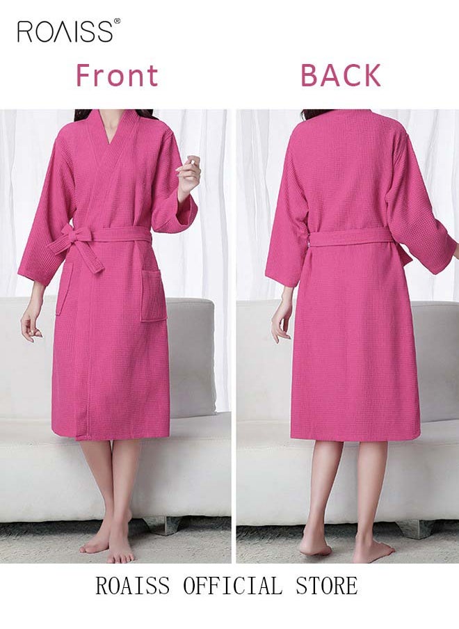 roaiss - Women Waffle Kimono Bathrobe Cotton Sleepwear Spa Robe Nightwear Nightgown Women Water Bathrobe Bridesmaid Robes Dressing Gown Autumn Robe Rose Red - Image 1